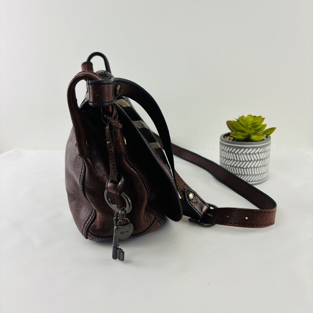 Fossil Reissue Saddle Flap Brown Leather Mixed Media Chevron Crossbody Bag Key - Picture 8 of 13